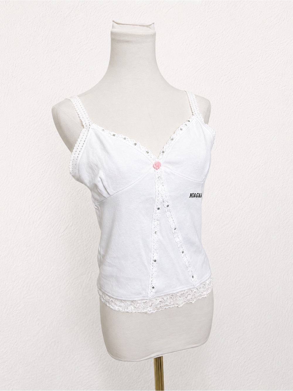 Y2K Coquette Niagara Lace Cami Tank Top Rhinestone Trim | Fairycore Babydoll XL